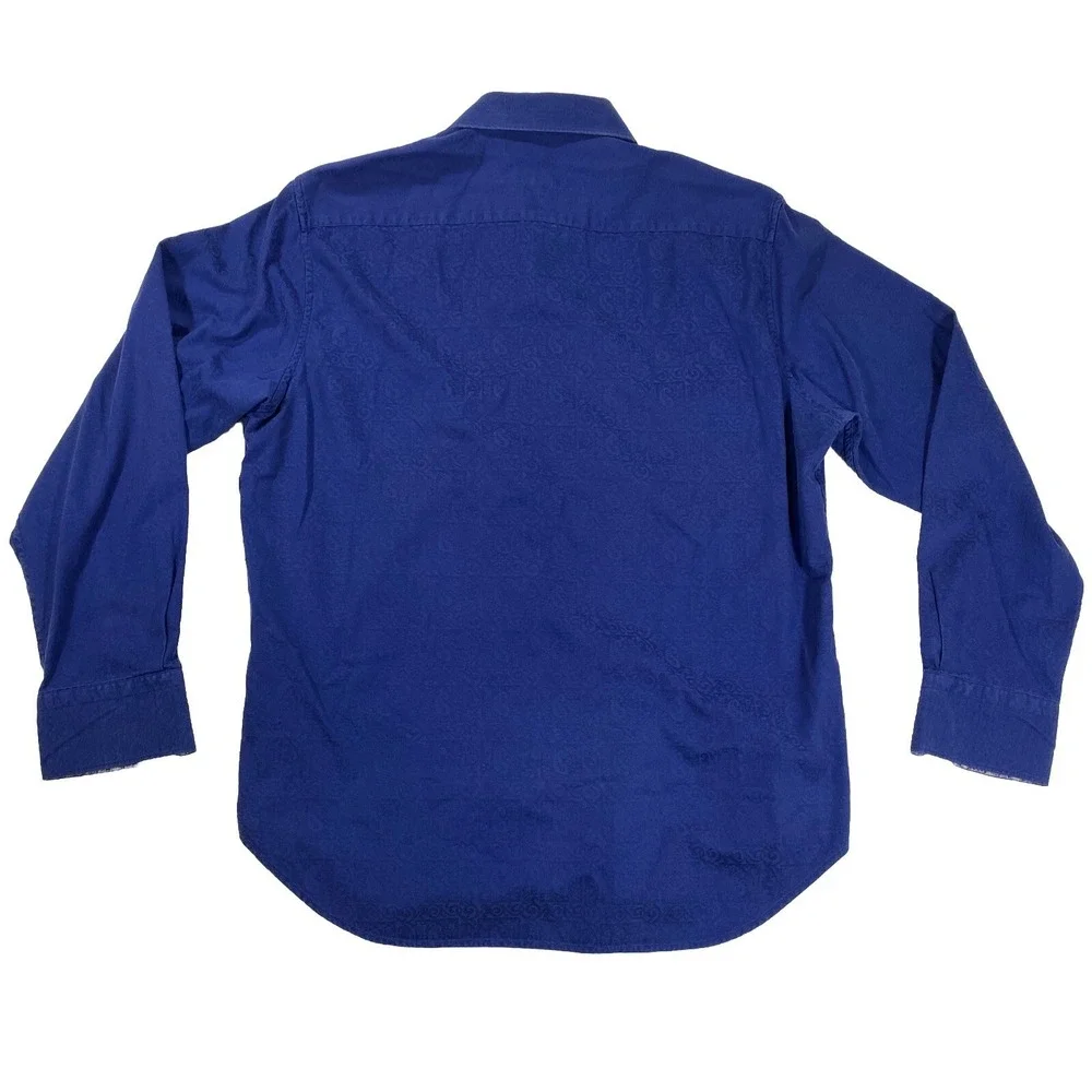 Robert Graham Shirt Mens‎ L Blue Jacquard Classic Fit Contrast Cuffs Floral Trim